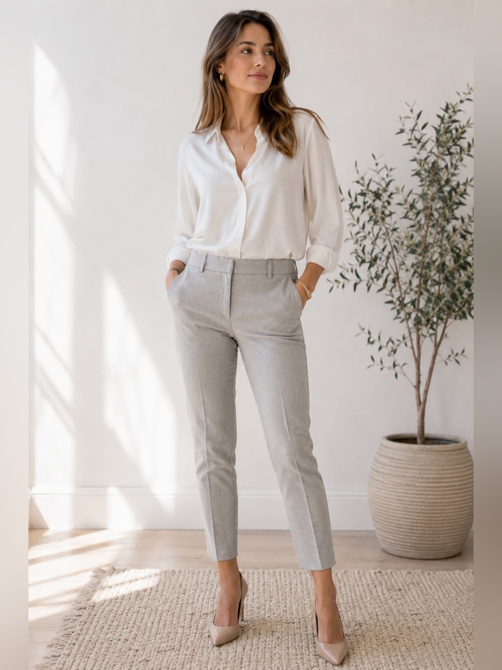 H&M Cropped Tailored Slim Ankle Pants in Light Gray Size 2 Quiet Luxury Neutral